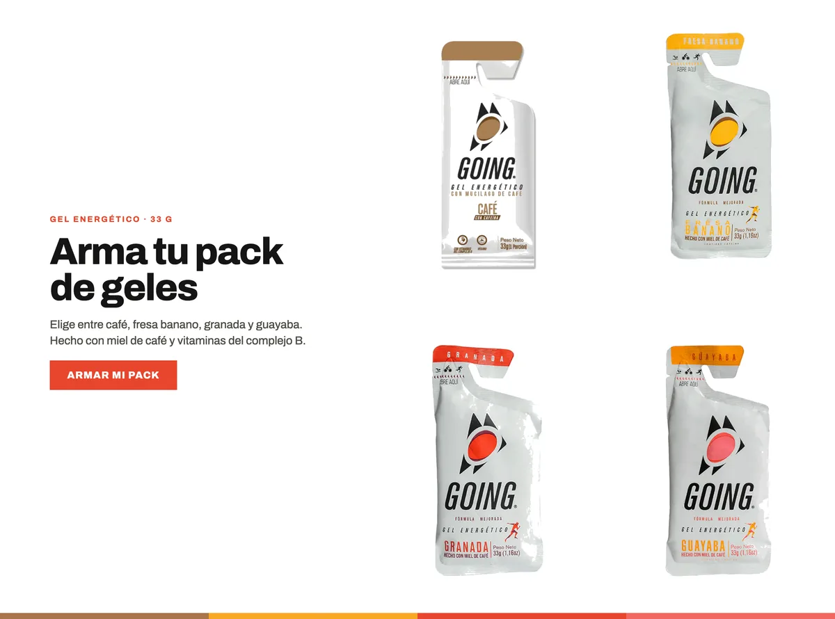 Arma tu pack de geles Going — elige entre café, fresa banano, granada y guayaba; gel energético de 33 g hecho con miel de café y vitaminas del complejo B