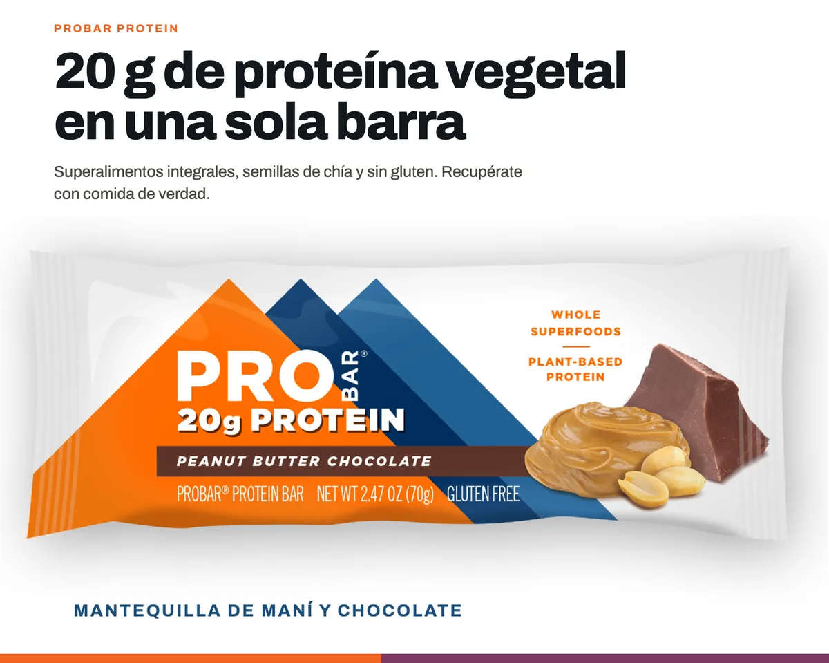 Probar Protein — 20 g de proteína vegetal en una sola barra, sabor mantequilla de maní y chocolate