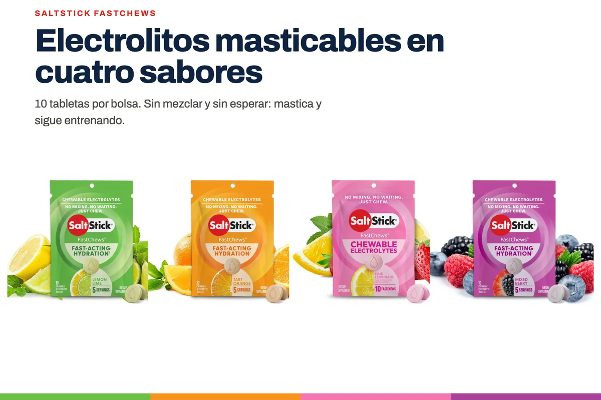 SaltStick FastChews — electrolitos masticables en cuatro sabores: lima limón, naranja, limonada rosada y frutos del bosque